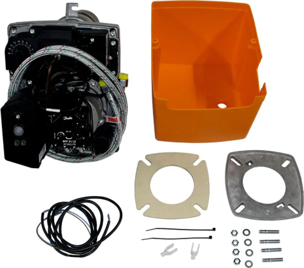 Ölgebläsebrenner mit Steuereinheit und Zubehörteilen in orange und silber. Bestandteile umfassen Kabel, Montageplatten und Schrauben. Produkt von Wolf.